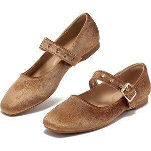 Women Velvet Brown Polyurethane (PU) Closed Toe Strap Buckle Ballerina Flats